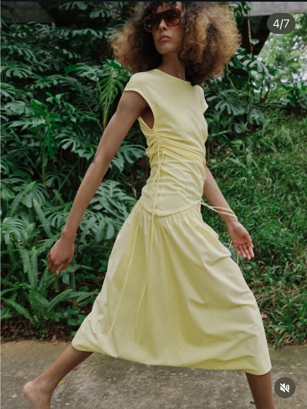 Zara Lemon Yellow Ruched Side Midi Dress